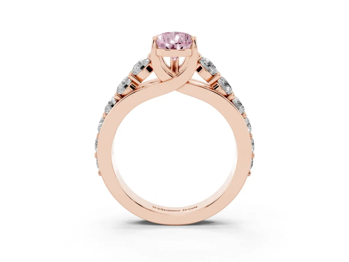 Fancy Pink Pear Cut Diamond Engagement Ring with Pavé Band and Four-Prong Setting Rose gold