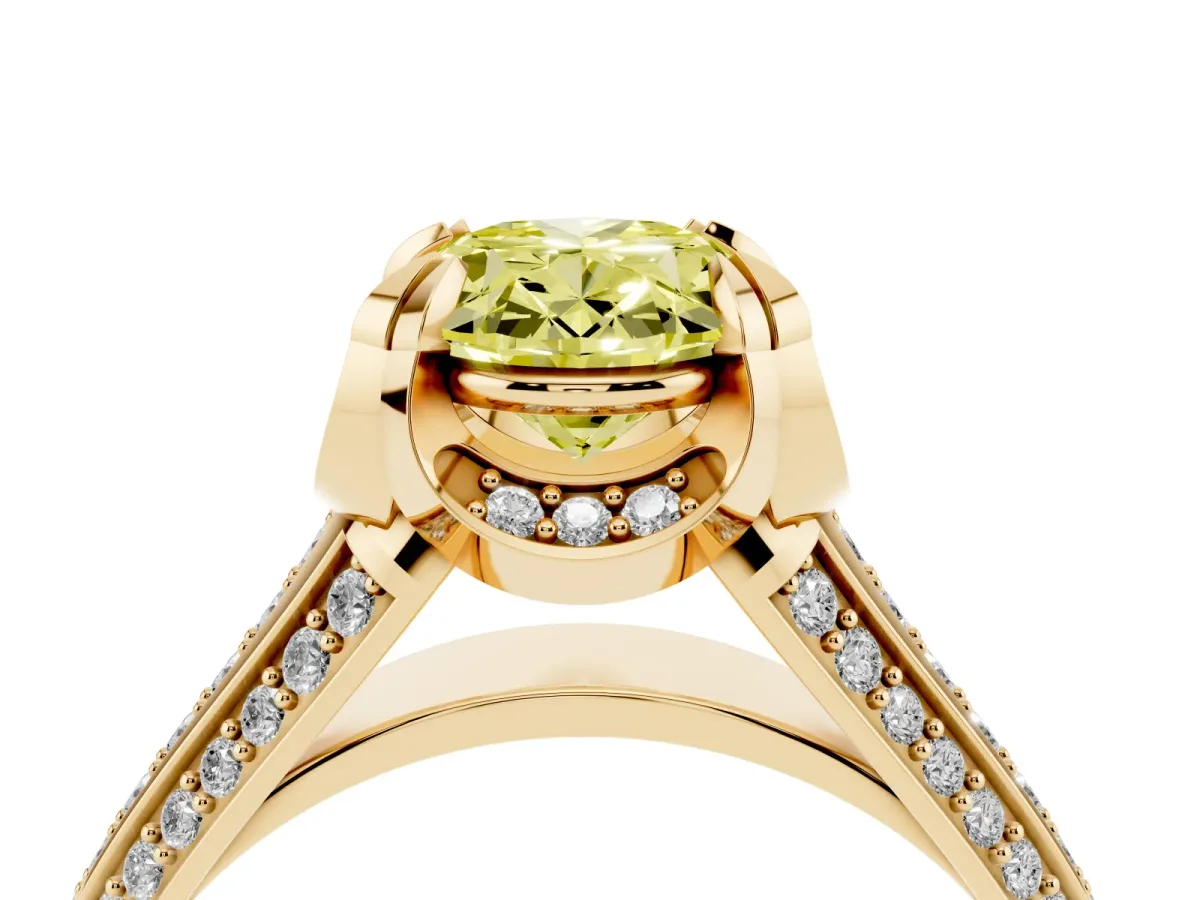Fancy Yellow Oval Cut Solitaire Pave Split Shank Ring with Four-Prong Setting Yellow gold