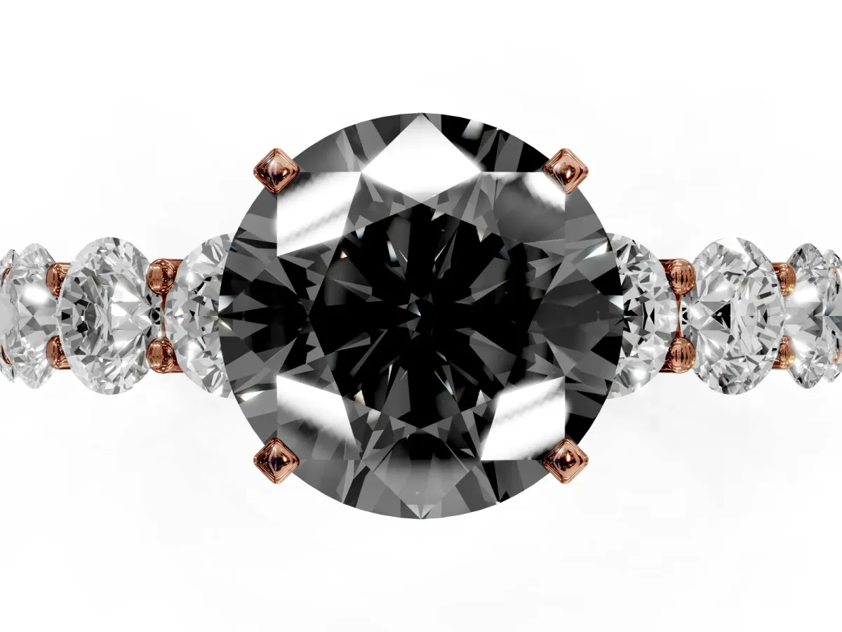 Fancy Black Round Cut Diamond Prong Setting with Side Stones on a Pave Band Rose gold