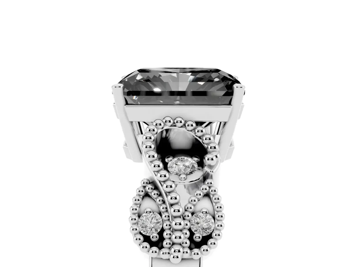 Fancy Black Radiant Cut Solitaire Milgrain Leaf Band with Prong Setting Platinum