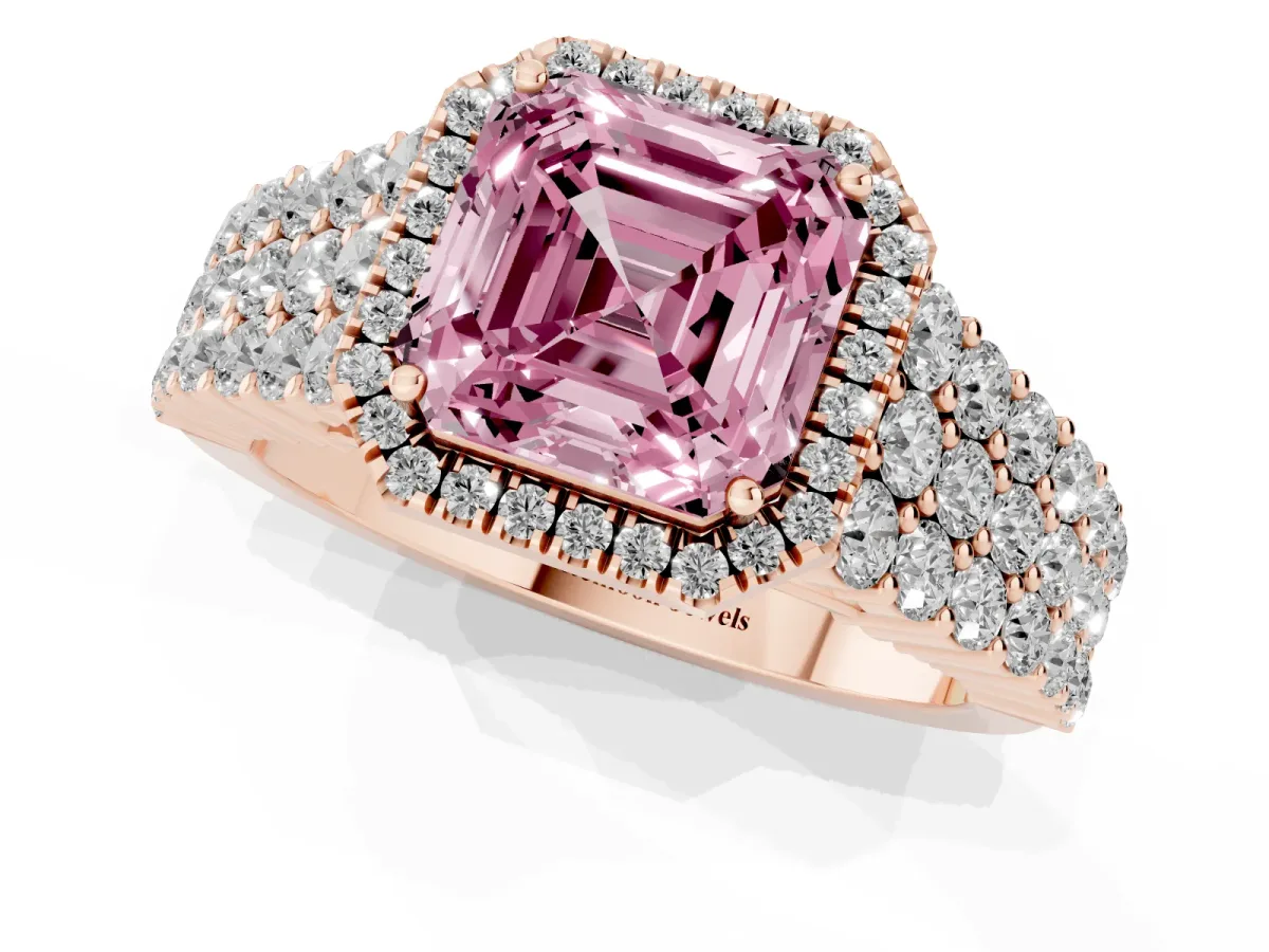 Fancy Pink Asscher Cut Diamond Halo Engagement Ring with Triple Row Round Pavé Band and Prong Setting Rose gold
