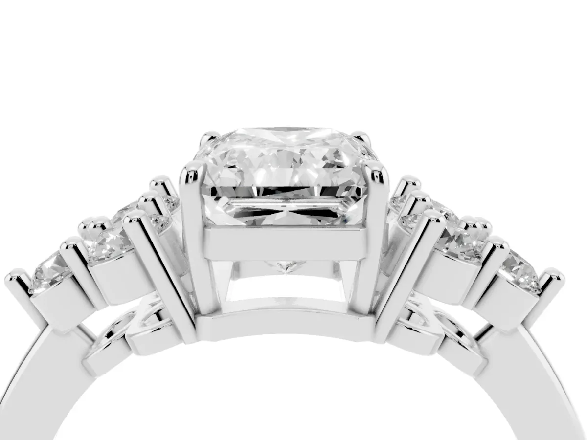 Radiant Cut Brilliant Diamond Cluster Accent Solitaire Ring with Prong Setting Silver