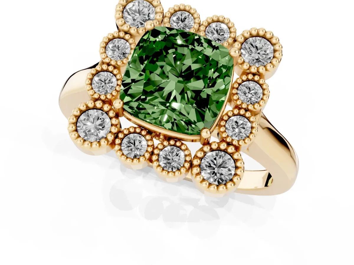 Fancy Green Cushion Cut Halo Diamond Cluster Engagement Ring with Milgrain Bezel Setting and Solitaire Band Yellow gold