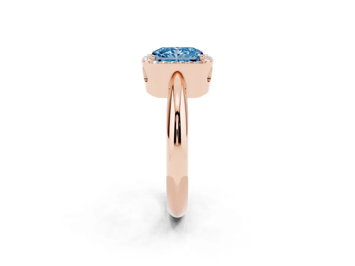 Fancy Blue Radiant Cut Cut Diamond Halo Engagement Ring with Split Shank and Four-Prong Setting Rose gold