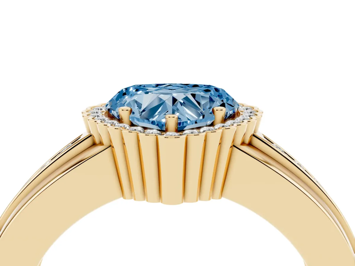 Fancy Blue Heart Cut Cut Halo Pave Band Four-Prong Ring Yellow gold