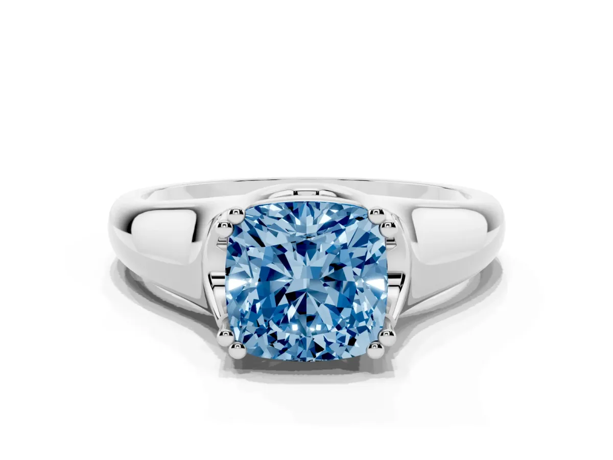 Fancy Blue Cushion Cut Diamond Solitaire Ring with Wide Band and Prong Setting Silver