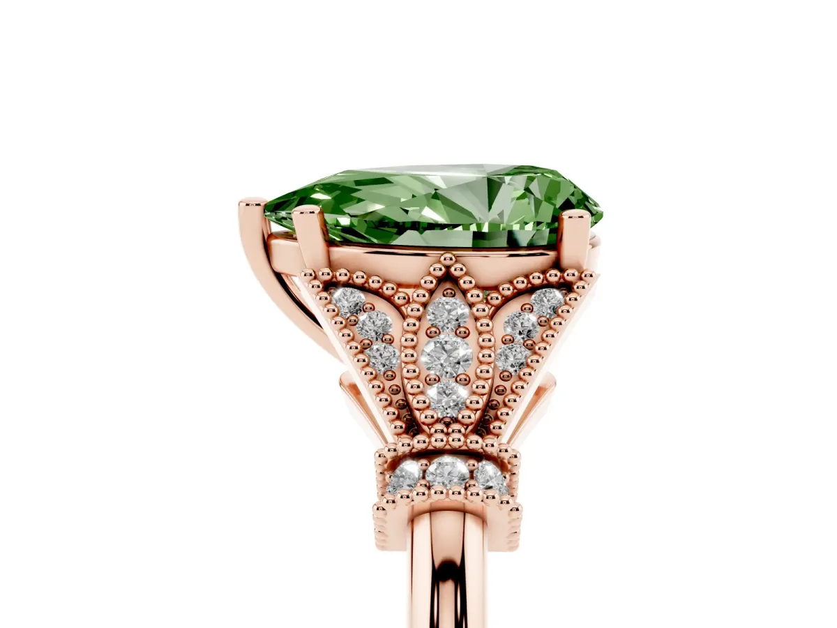 Fancy Green Pear Cut Diamond Solitaire Ring with Floral Filigree and Pave Accents Rose gold