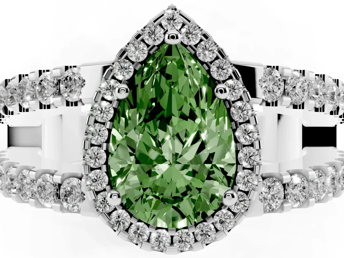 Fancy Green Pear Cut Cut Halo Split Shank Diamond Ring with Four-Prong Setting White gold