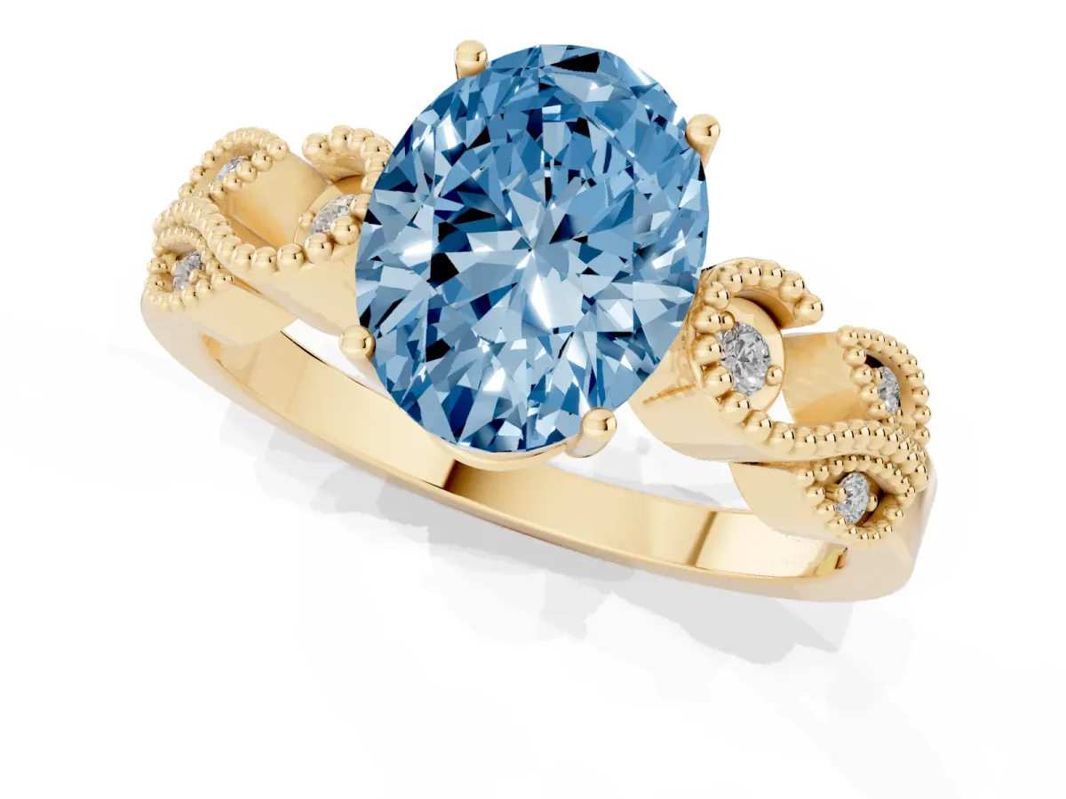 Fancy Blue Oval Cut Solitaire Milgrain Leaf Band with Prong Setting Yellow gold