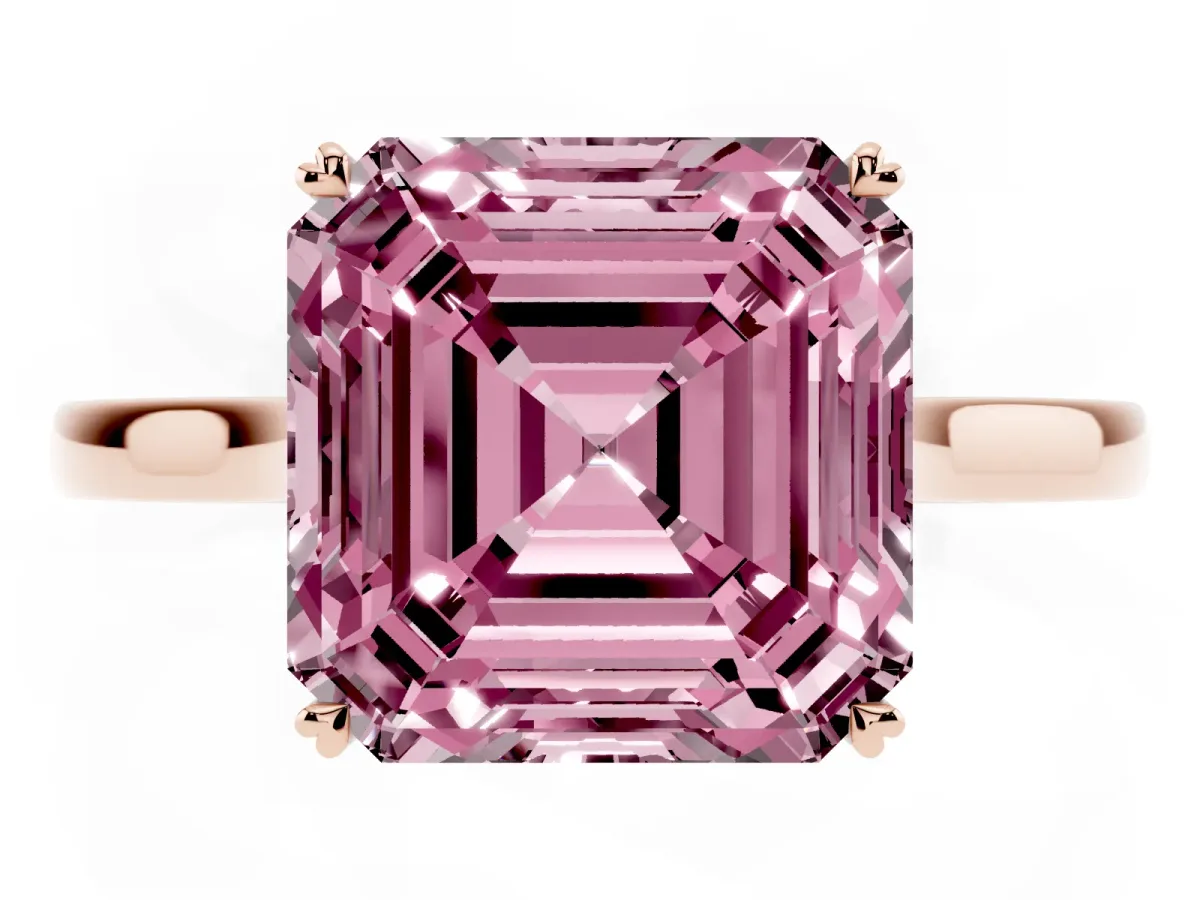 Fancy Pink Asscher Cut Solitaire Heart Prong Engagement Ring with Tapered Band Rose gold