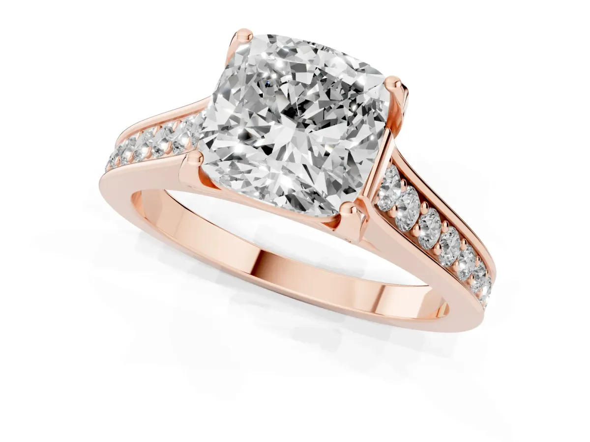 Cushion Cut Brilliant Cut Diamond Engagement Ring with Pavé Band and Four-Prong Setting Rose gold