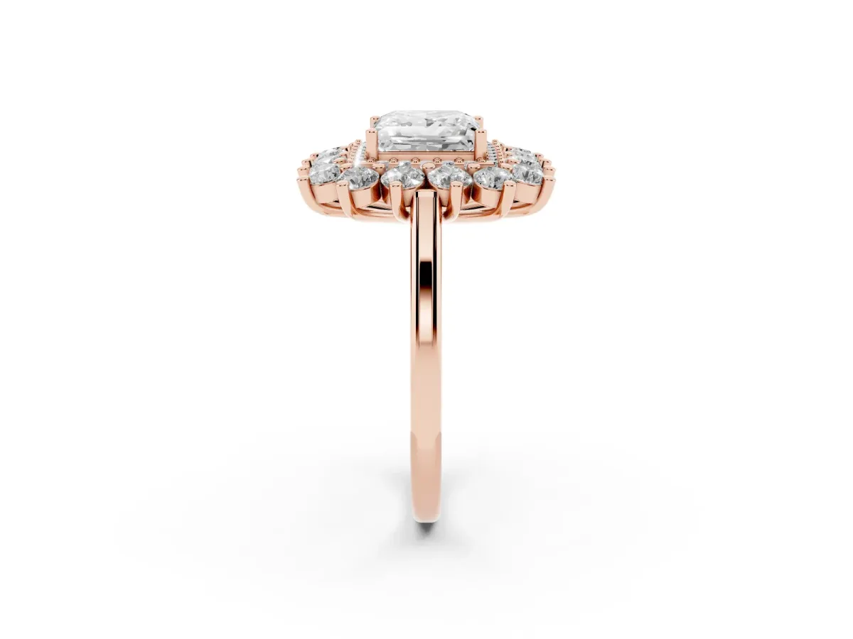 Princess Cut Diamond Floral Double Halo Engagement Ring with Prong Setting Rose gold
