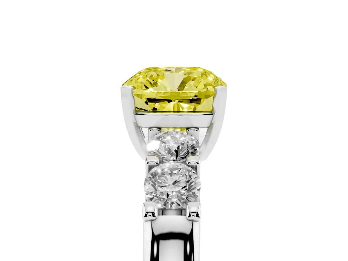 Fancy Yellow Cushion Cut Brilliant Cut Diamond Five-Stone Prong Set Engagement Ring with Channel Band Platinum