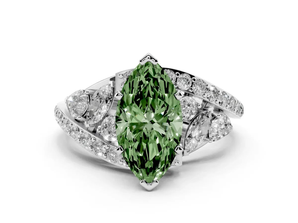 Fancy Green Marquise Cut Diamond Halo Ring with Marquise and Pavé Band in Prong Setting Platinum