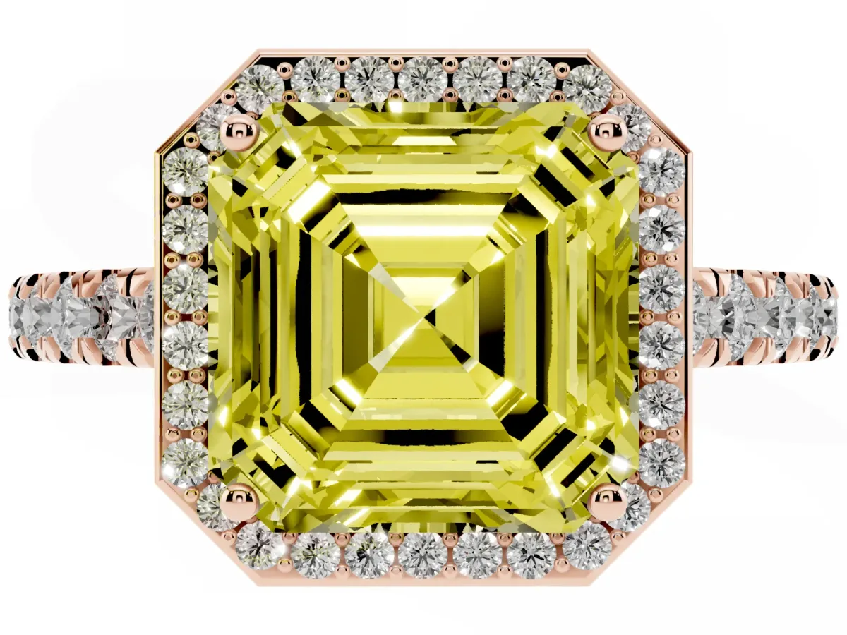 Fancy Yellow Asscher Cut Cut Halo Diamond Engagement Ring with Pave Band and Four-Prong Setting Rose gold