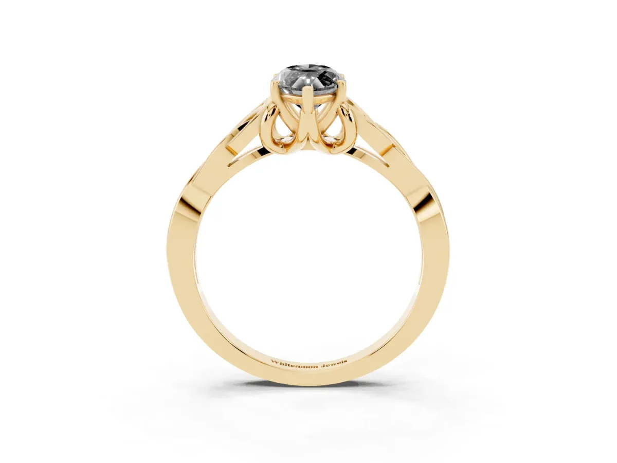 Fancy Black Marquise Cut Diamond Solitaire Engagement Ring with Celtic Knot Band and Four-Prong Setting Yellow gold