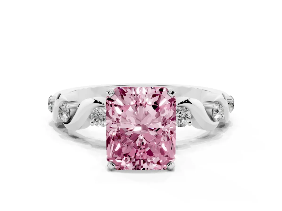 Fancy Pink Radiant Cut Diamond Solitaire Twisted Band with Round Accents and Prong Setting White gold