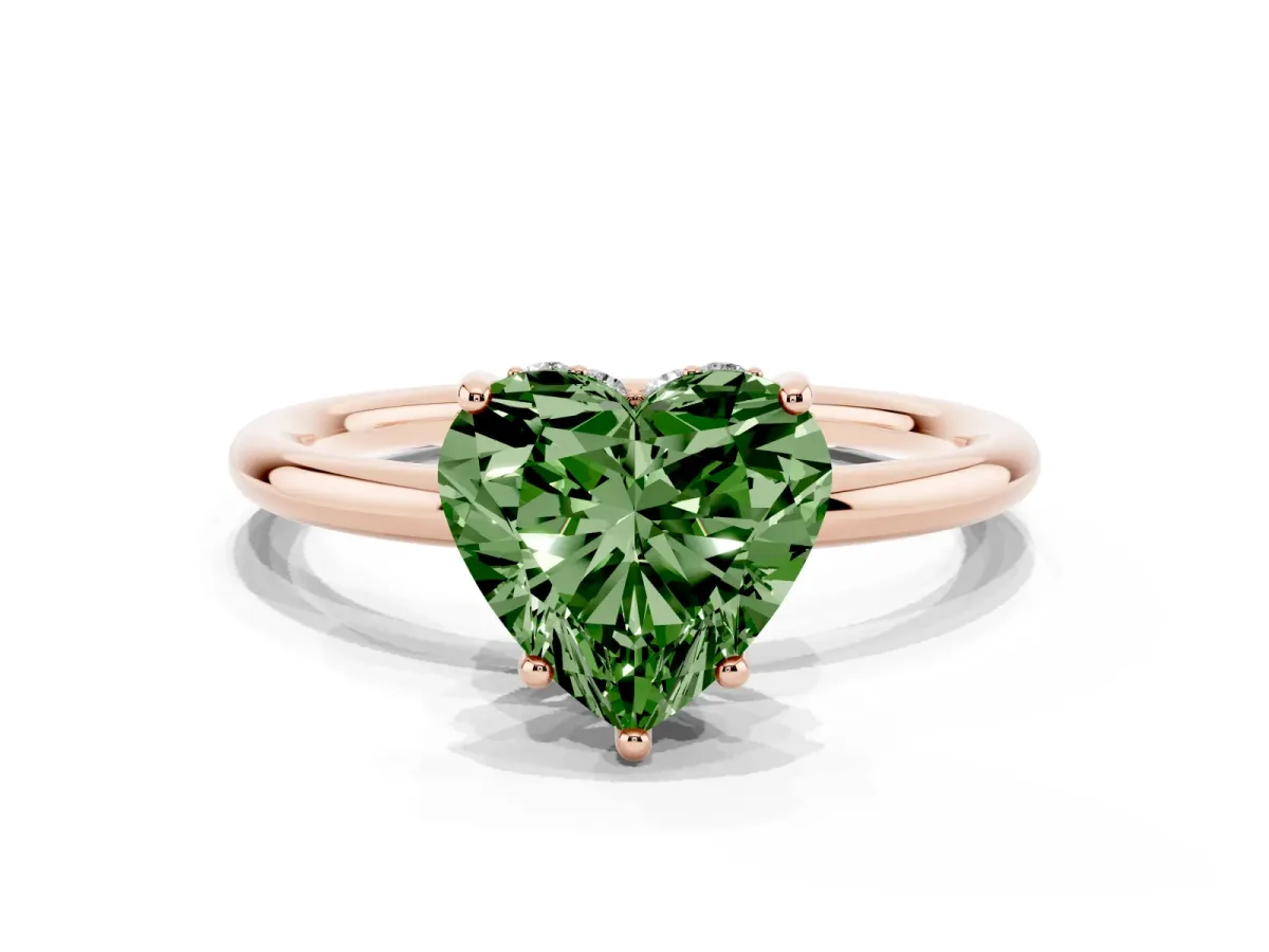 Fancy Green Heart Cut Solitaire Diamond Ring with a Classic Band and Four-Prong Setting Rose gold