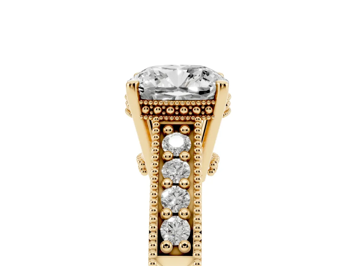 Cushion Cut Solitaire Pavé Diamond Milgrain Engagement Ring with Four-Prong Setting Yellow gold