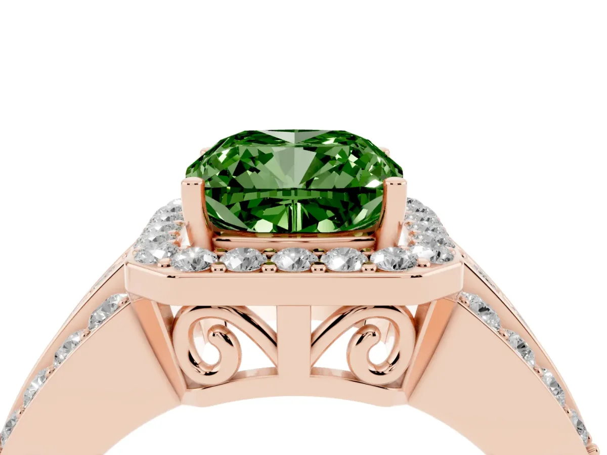 Fancy Green Cushion Cut Halo Diamond Ring with Round Split Shank and Prong Setting Rose gold