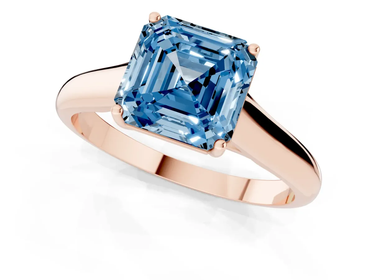 Fancy Blue Asscher Cut Solitaire Engagement Ring with Tapered Band and Four-Prong Setting Rose gold