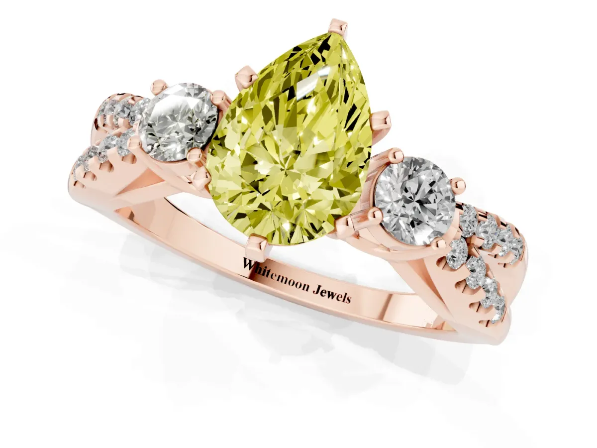 Fancy Yellow Pear Cut Diamond Three-Stone Ring with Pavé Split Shank and Four-Prong Setting Rose gold