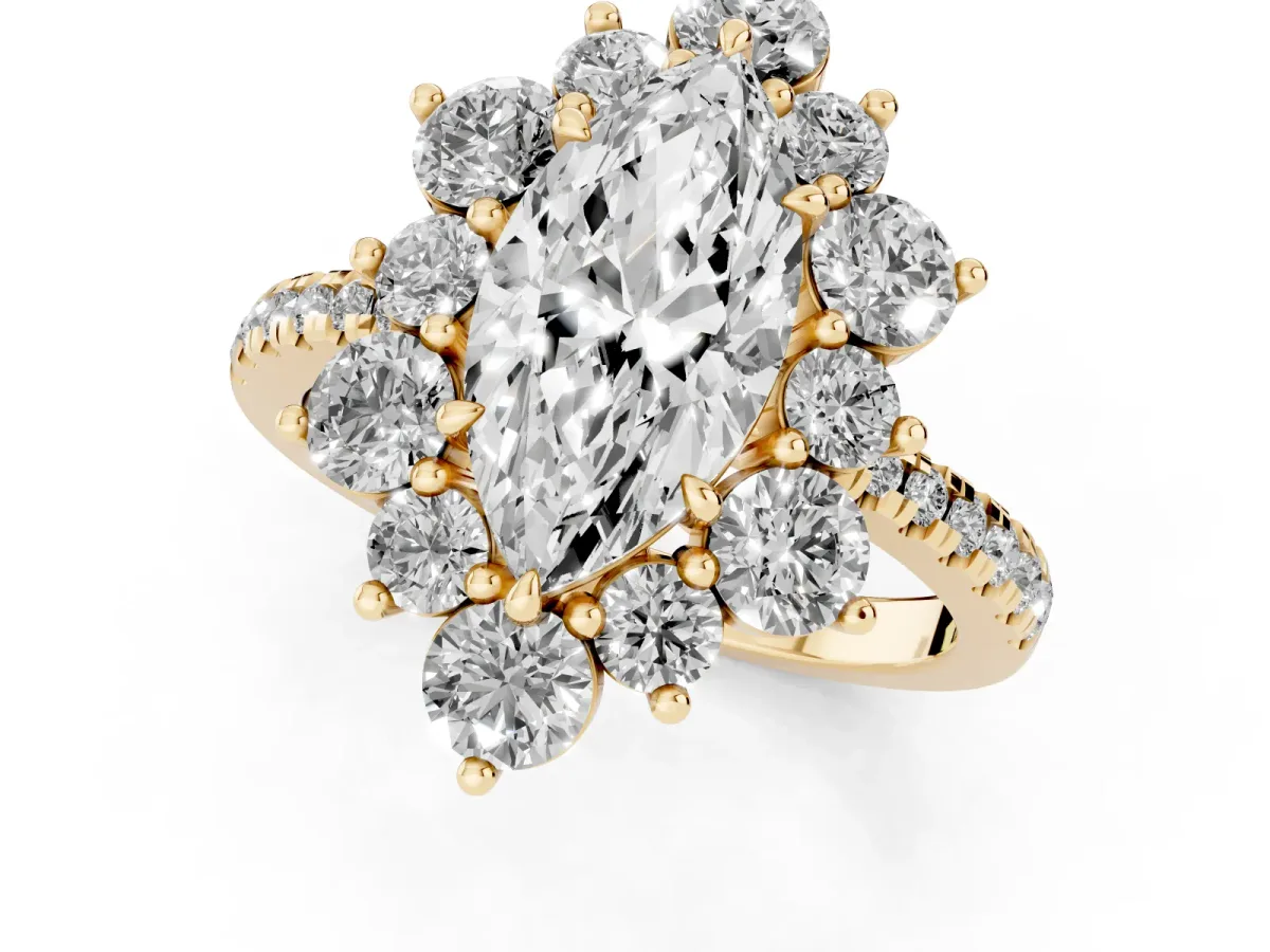 Marquise Cut Diamond Floral Halo Ring with Round Pavé Band and Prong Setting Yellow gold