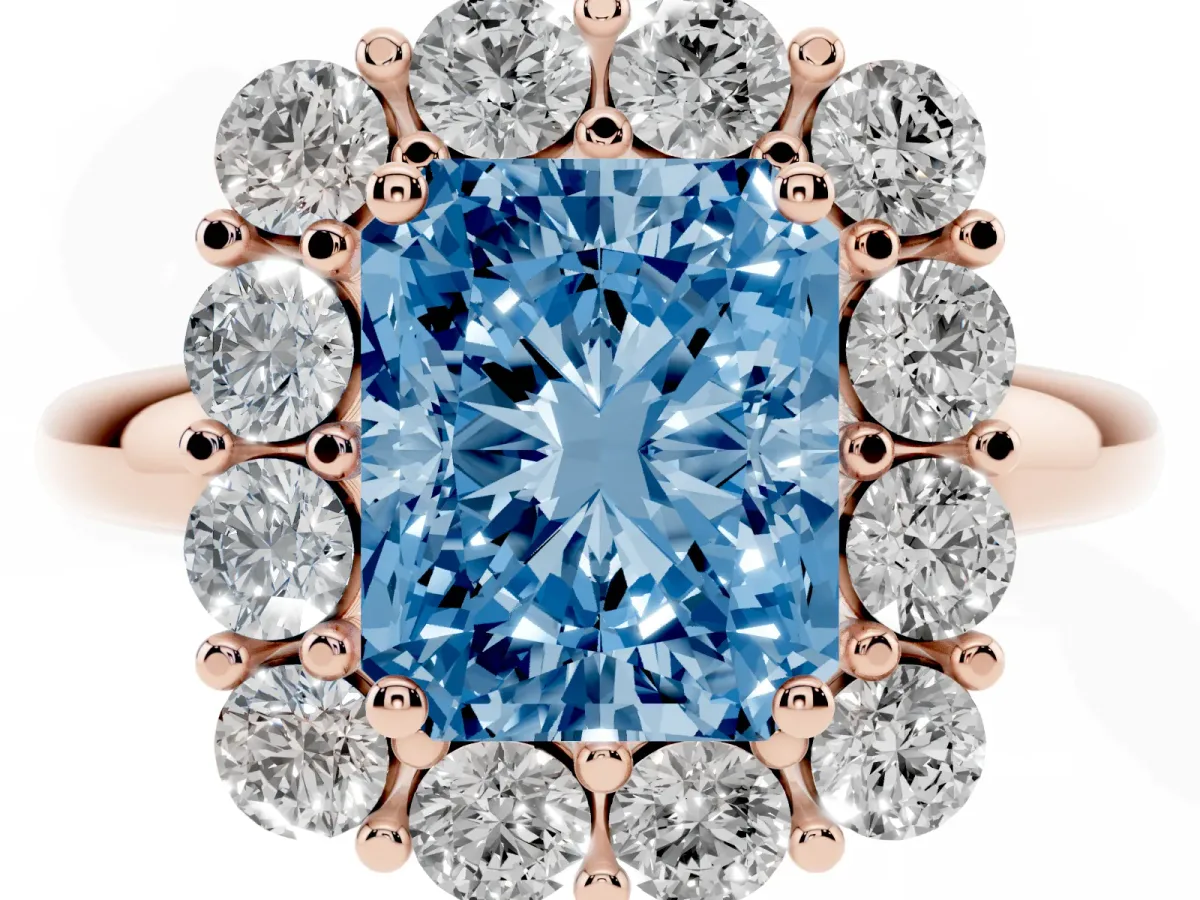 Fancy Blue Radiant Cut Halo Cluster Diamond Engagement Ring with Prong Setting and Polished Band Rose gold