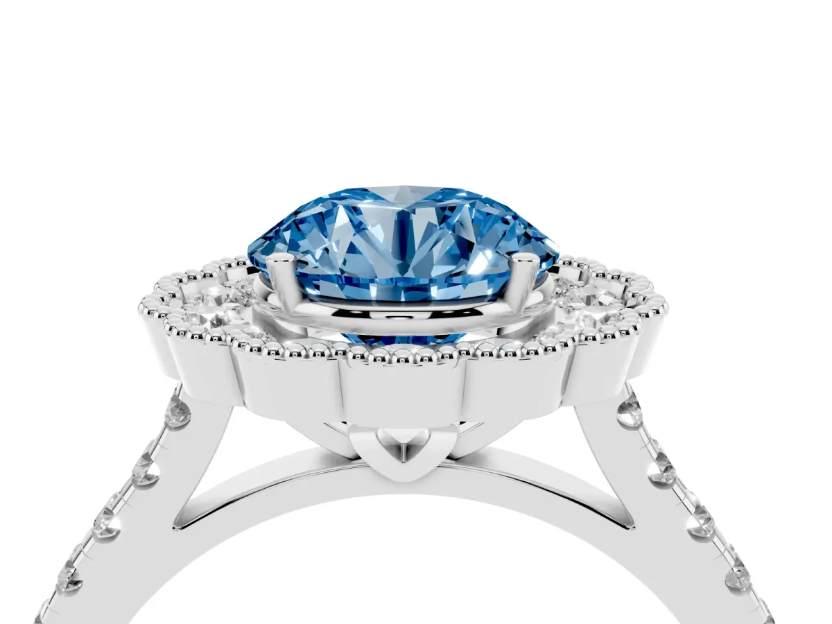 Fancy Blue Round Cut Cut Diamond Milgrain Floral Halo Engagement Ring with Pavé Band Silver