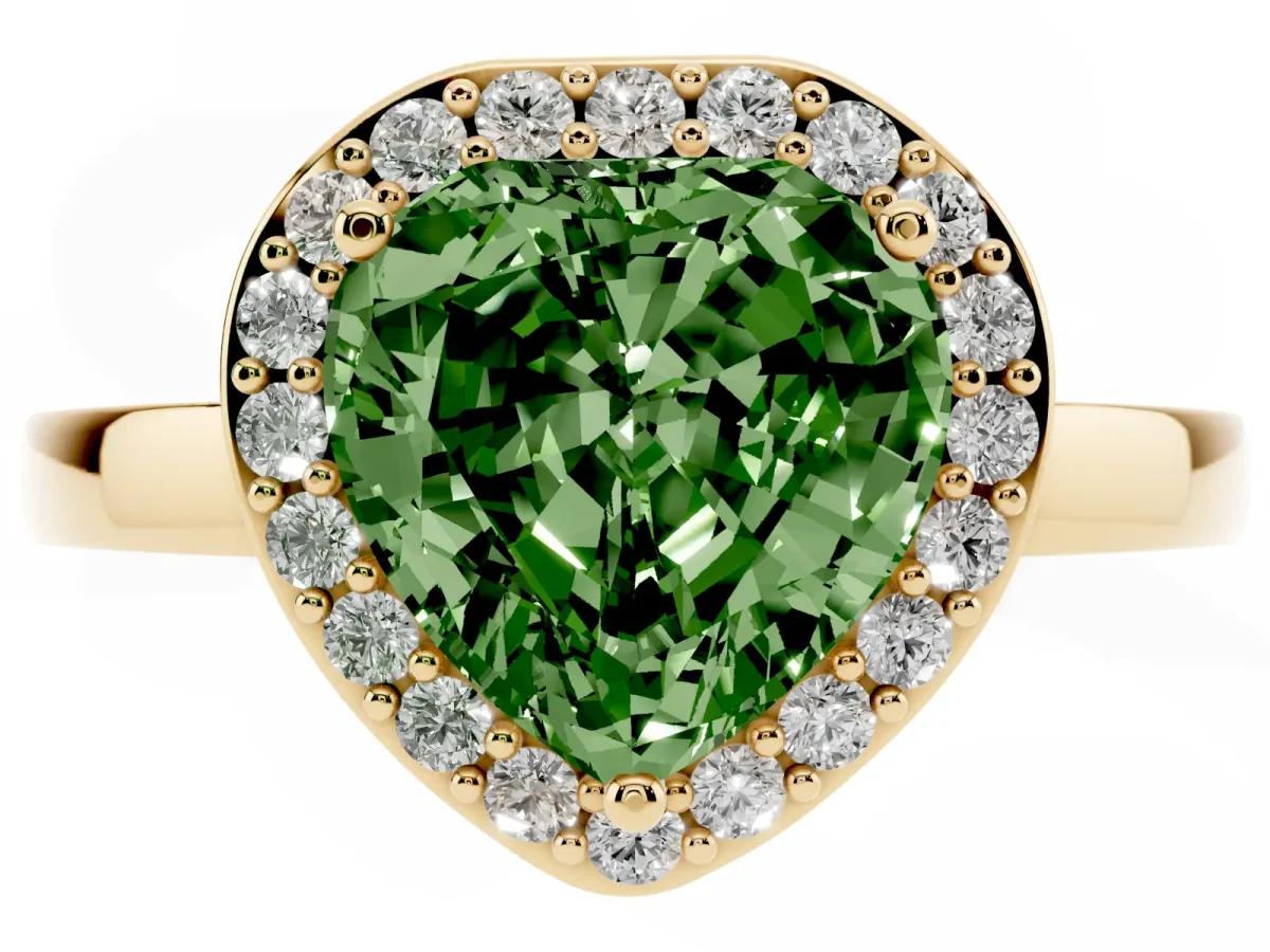 Fancy Green Heart Cut Halo Diamond Ring with Solitaire Band and Prong Setting Yellow gold