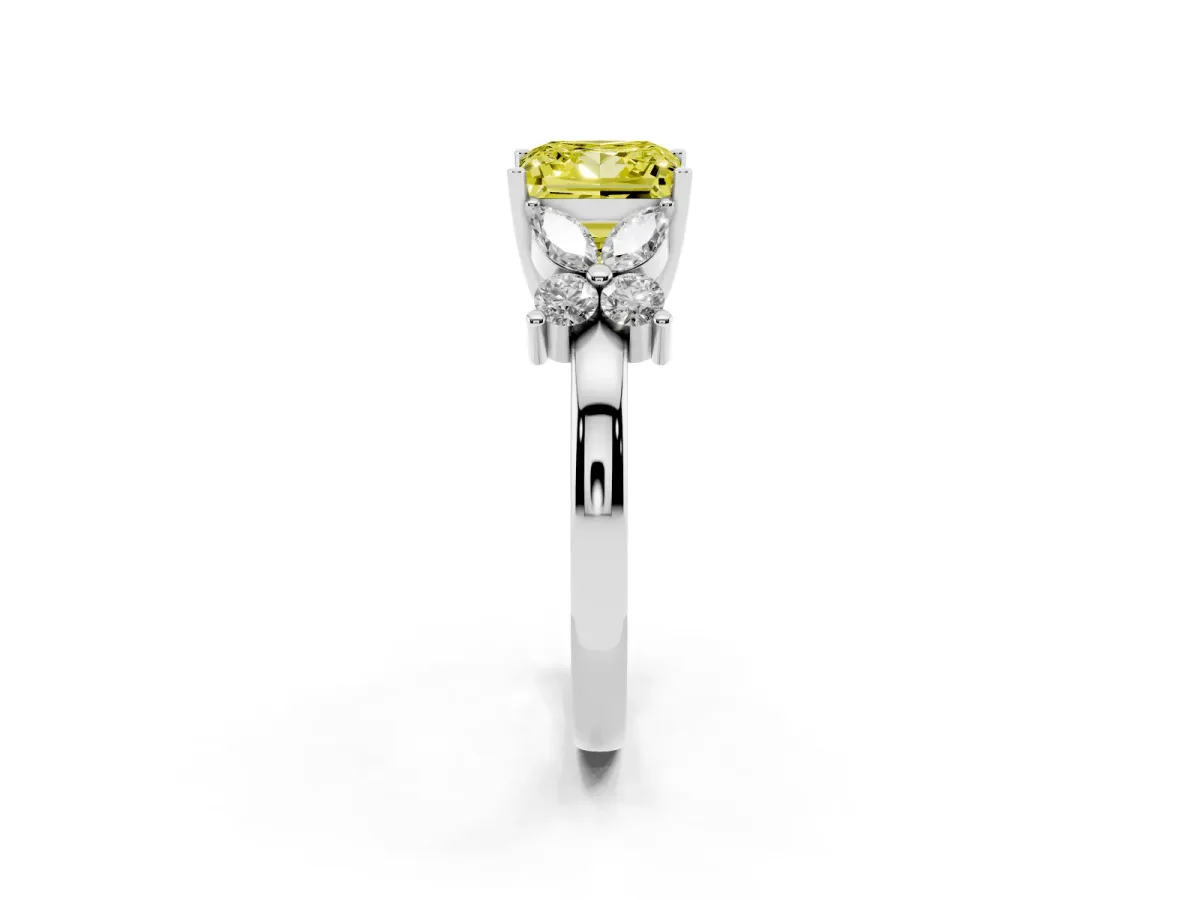 Fancy Yellow Princess Cut Diamond Floral Cluster Ring with Solitaire Band and Prong Setting Platinum