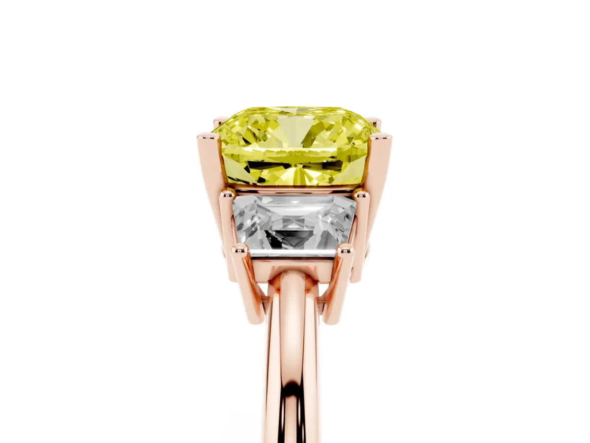 Fancy Yellow Cushion Cut Diamond Three-Stone Ring with Trapezoid Side Stones and Prong Setting Rose gold
