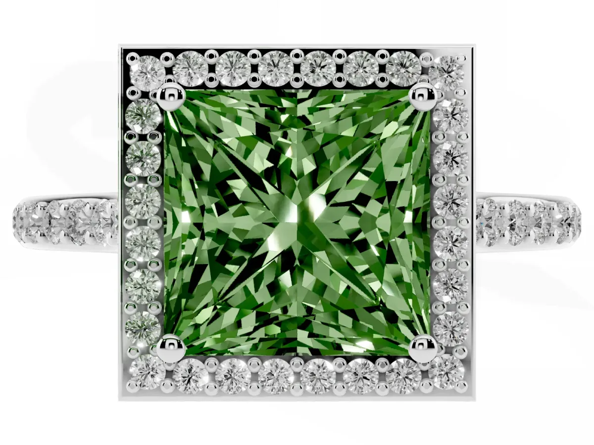 Fancy Green Princess Cut Diamond Halo Engagement Ring with Round Pavé Shoulders and Prong Setting Silver