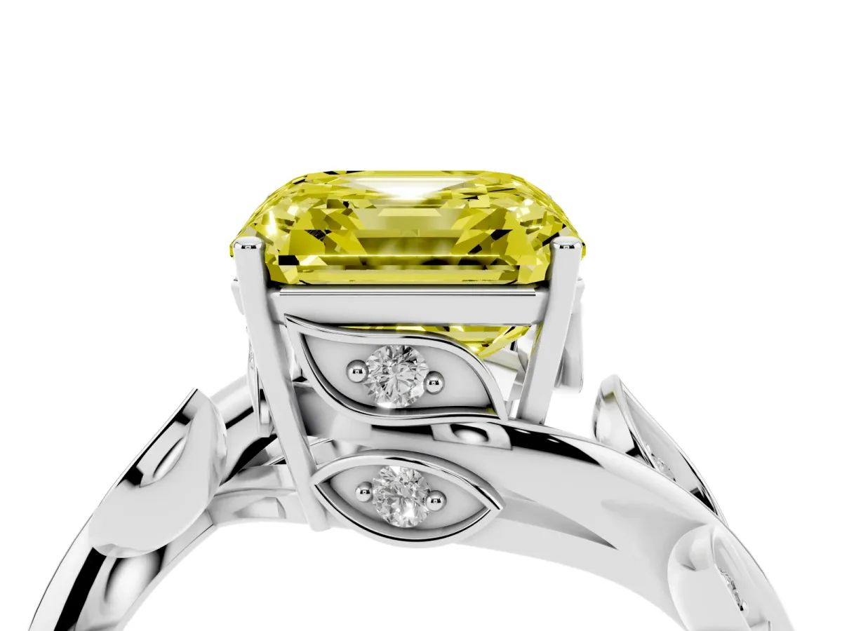 Fancy Yellow Asscher Cut Solitaire Twist Engagement Ring with Leaf Accents and Prong Setting Platinum