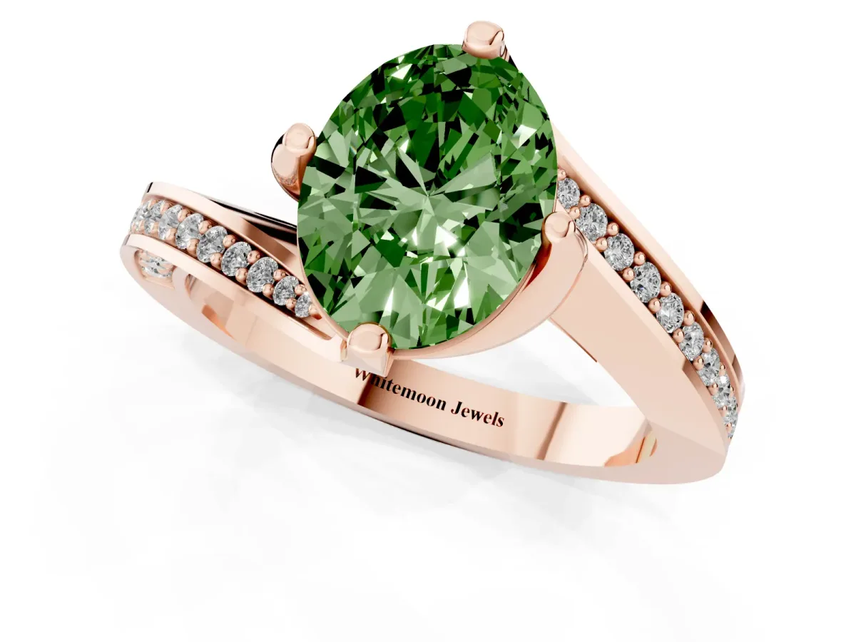 Fancy Green Oval Cut Solitaire Diamond Twist Band with Pavé Setting and Four-Prong Setting Rose gold