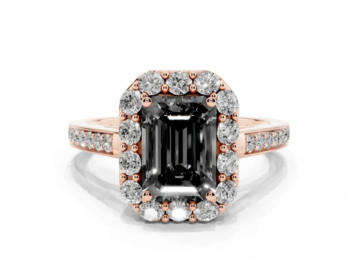 Fancy Black Emerald Cut Diamond Floral Halo Ring with Pavé Band and Prong Setting Rose gold