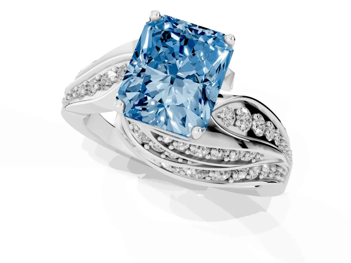 Fancy Blue Radiant Cut Diamond Solitaire Ring with Prong Setting and Twisted Pavé Band Silver