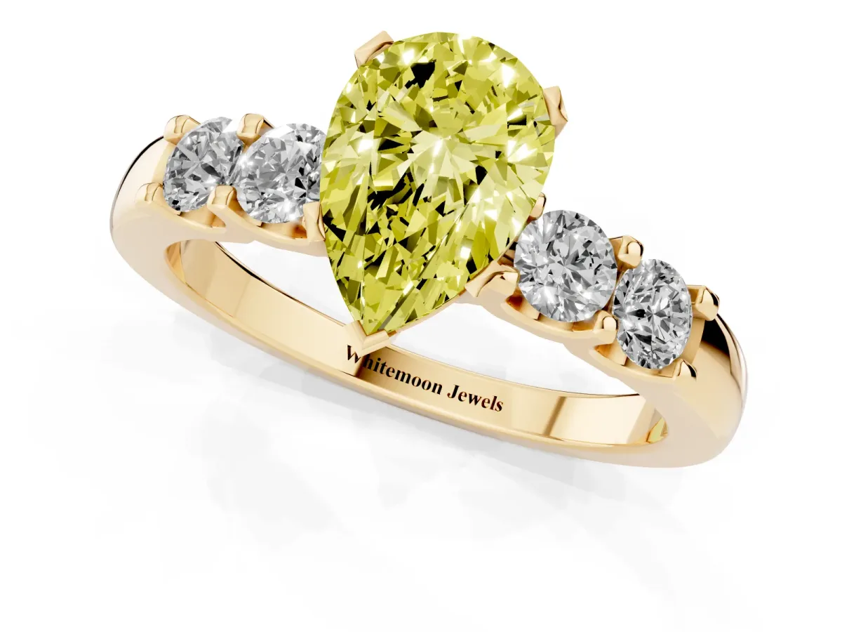 Fancy Yellow Pear Cut Brilliant Cut Diamond Five-Stone Prong Set Engagement Ring with Channel Band Yellow gold