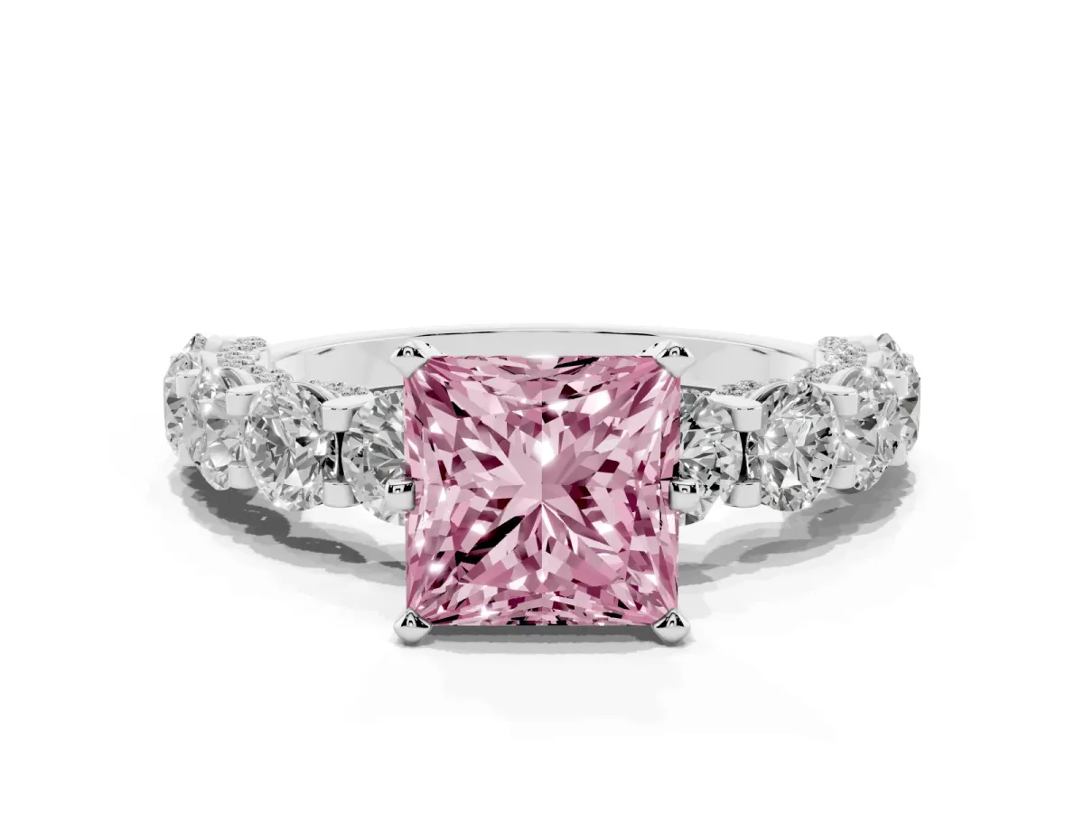 Fancy Pink Princess Cut Diamond Side Stone Engagement Ring with Four-Prong Setting Platinum