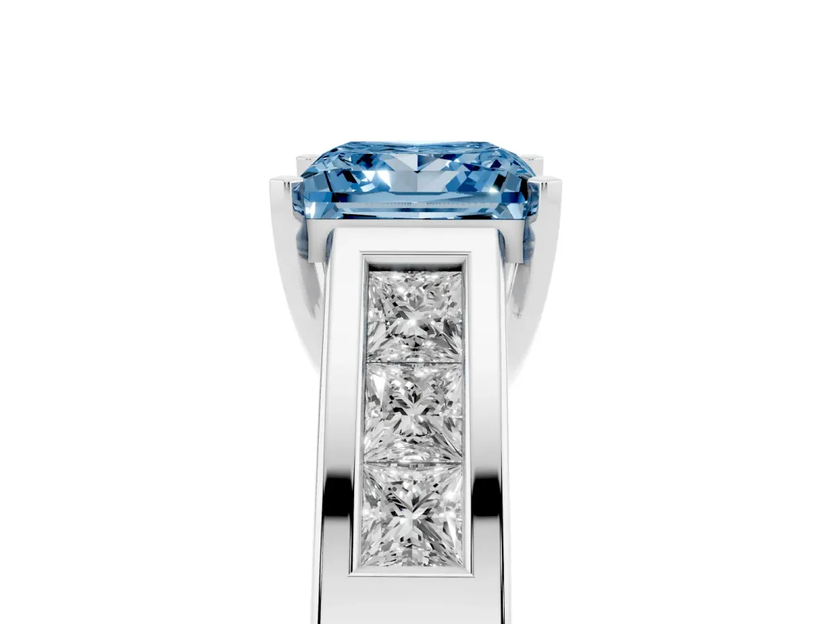 Fancy Blue Princess Cut Cut Channel Set Solitaire Ring with Four-Prong Setting Silver