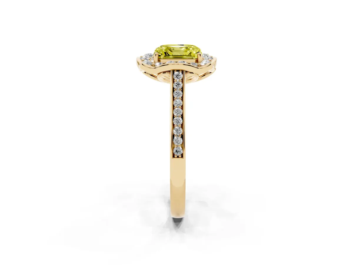 Fancy Yellow Asscher Cut Halo Round Diamond Pave Band with Four-Prong Setting Yellow gold