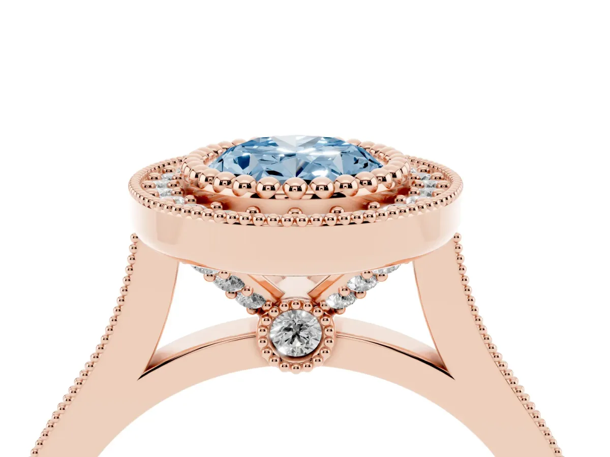 Fancy Blue Oval Cut Diamond Halo Ring with Milgrain Frame and Pavé Band Rose gold