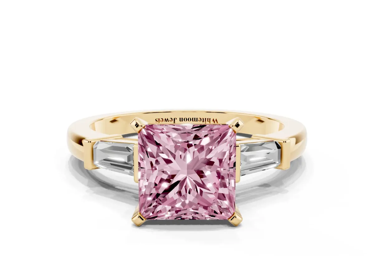 Fancy Pink Princess Cut Cut Diamond Solitaire Ring with Tapered Baguette Accents and Four-Prong Setting Yellow gold