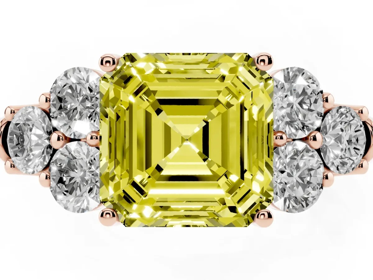 Fancy Yellow Asscher Cut Cut Diamond Cluster Ring with Round Accent Stones and Prong Setting on a Classic Band Rose gold