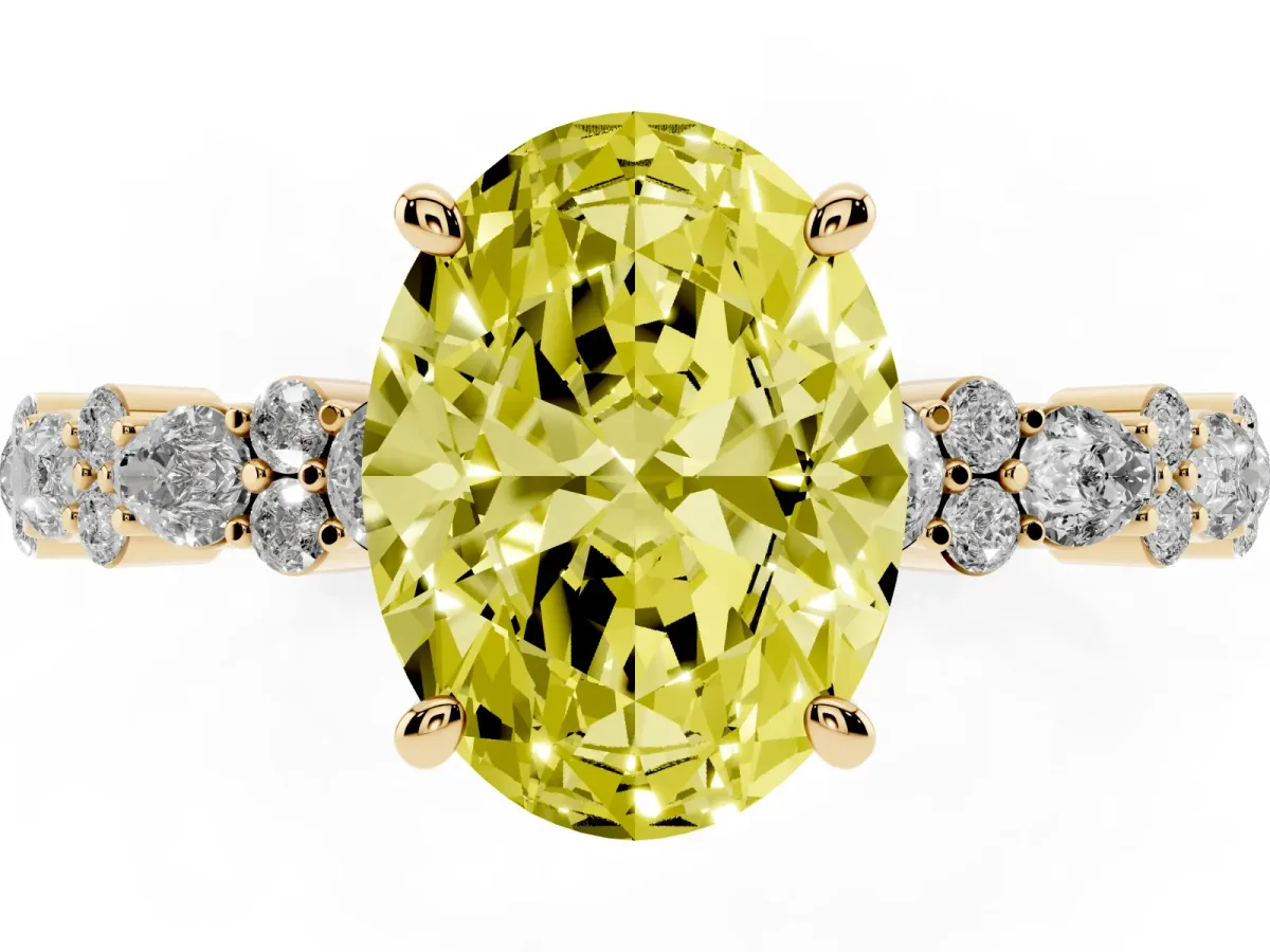 Fancy Yellow Oval Cut Diamond Side Stone Solitaire Ring with Round and Four-Prong Setting Yellow gold
