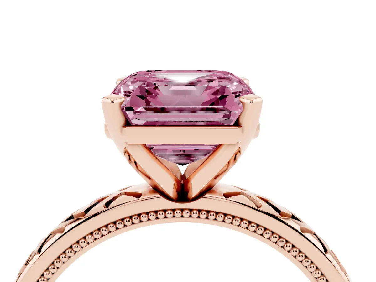 Fancy Pink Asscher Cut Solitaire Diamond Ring with Milgrain and Black Enamel X Pattern Band Rose gold