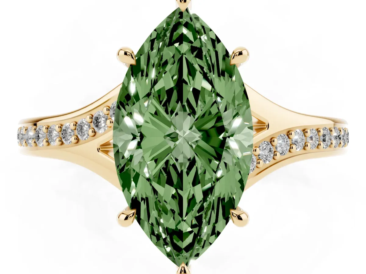 Fancy Green Marquise Cut Diamond Solitaire Ring with Pavé Band and Prong Setting Yellow gold