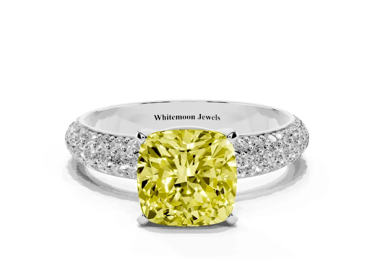 Fancy Yellow Cushion Cut Diamond Solitaire Ring with Prong Setting and Pavé Band Silver