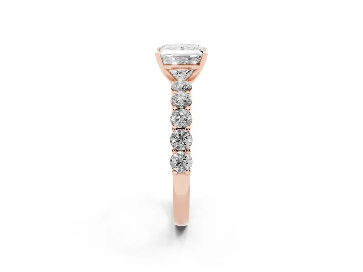 Princess Cut Diamond Solitaire Ring with Shared Prong Round Side Stones Rose gold