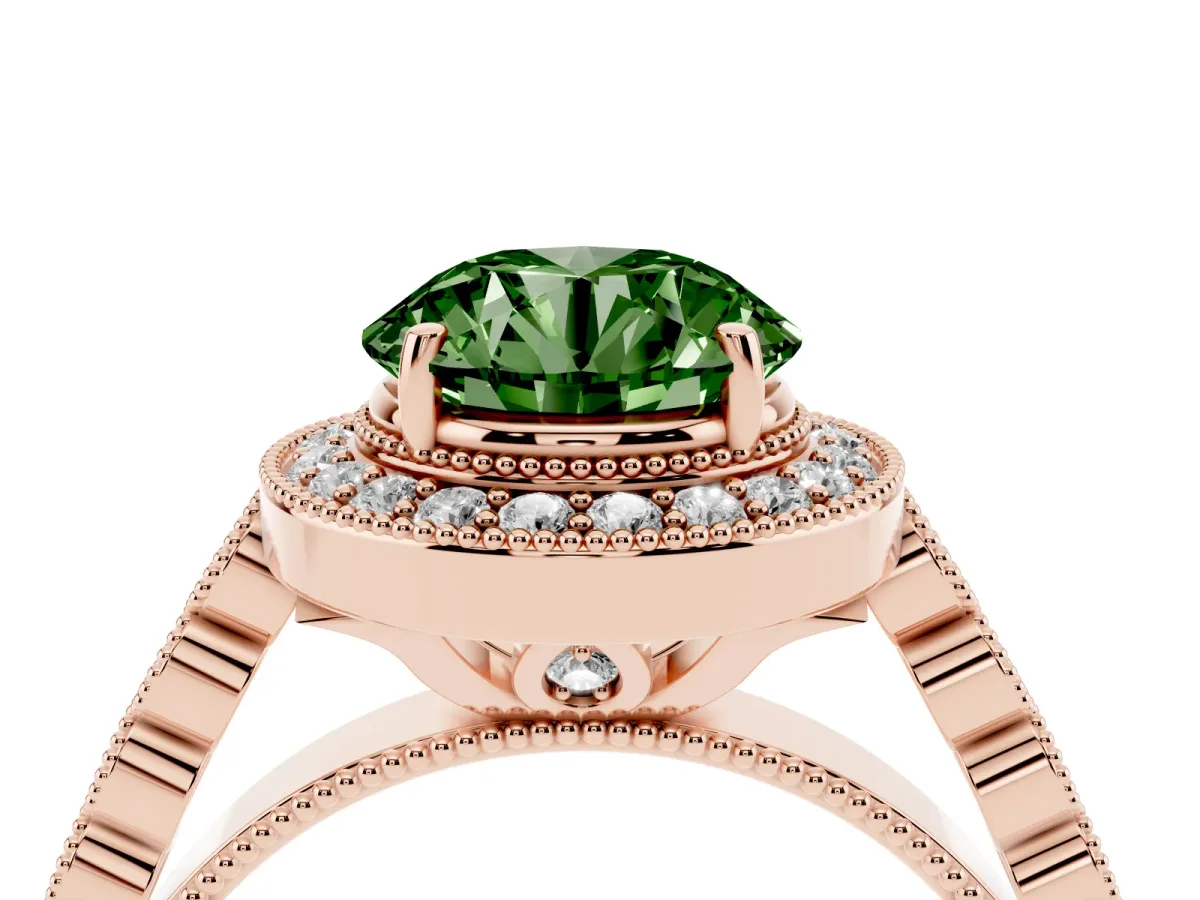 Fancy Green Round Cut Halo Milgrain Solitaire with Bezel Set Side Stones and Pave Band Rose gold